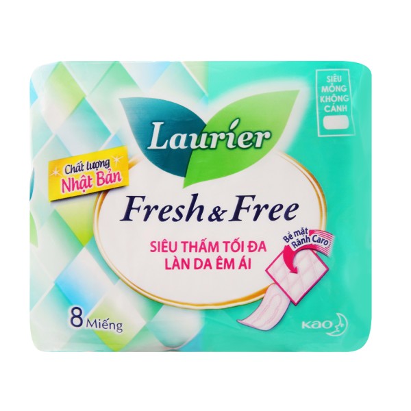 Băng vệ sinh Laurier Fresh and Free siêu thấm siêu mỏng không cánh (8 miếng/gói)