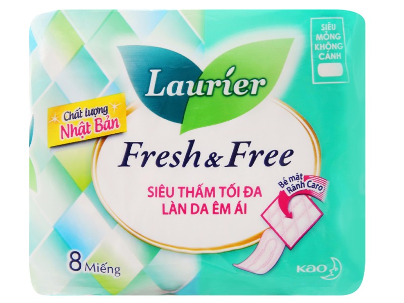 Băng vệ sinh Laurier Fresh and Free siêu thấm siêu mỏng không cánh (8 miếng/gói)
