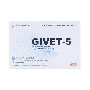 Thuốc điều trị hen phế quản Givet 5mg (4 vỉ x 7 viên/hộp)