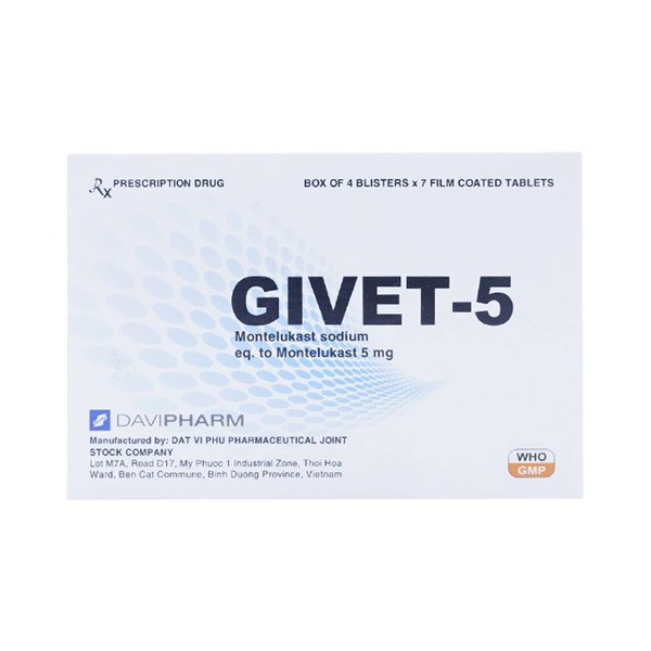 Thuốc điều trị hen phế quản Givet 5mg (4 vỉ x 7 viên/hộp)