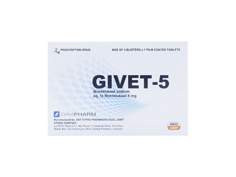 Thuốc điều trị hen phế quản Givet 5mg (4 vỉ x 7 viên/hộp)