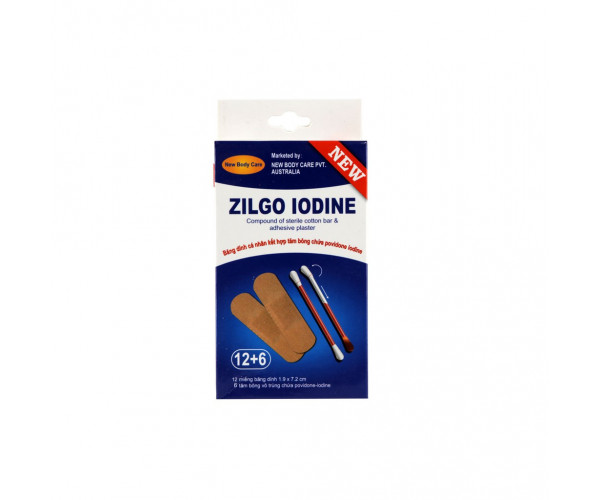 Bộ sản phẩm chăm sóc vết thương Zilgo Iodine (12 miếng dán + 6 tăm bông iod)