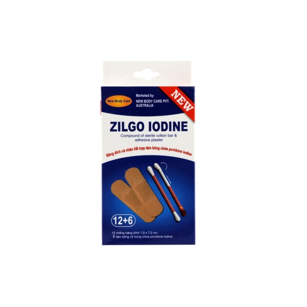 Bộ sản phẩm chăm sóc vết thương Zilgo Iodine (12 miếng dán + 6 tăm bông iod)
