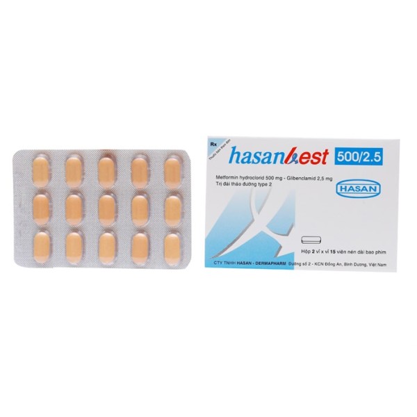 Thuốc trị bệnh tiểu đường Hasanbest 500/2.5 (2 vỉ x 15 viên/hộp)