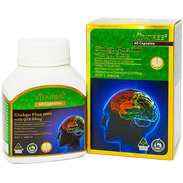 Viên uống tăng cường tuần hoàn não Vitatree Ginkgo Plus 6000 With Q10 50mg (60 viên/hộp)