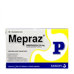 Thuốc điều trị loét dạ dày, tá tràng Mepraz 20mg (7 vỉ x 4 viên/hộp)