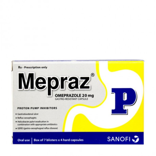 Thuốc điều trị loét dạ dày, tá tràng Mepraz 20mg (7 vỉ x 4 viên/hộp)