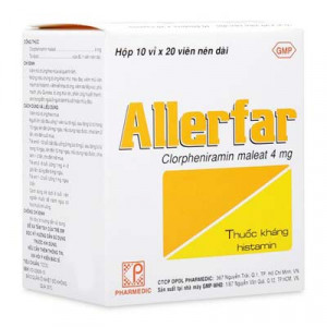 Thuốc điều trị viêm mũi dị ứng và các trường hợp dị ứng ngoài da Allerfar 4mg (10 vỉ x 20 viên/hộp)