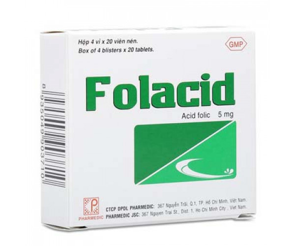 Thuốc điều trị bệnh thiếu hụt hợp chất acid folic và thiếu máu Folacid 5mg (4 vỉ x 20 viên/hộp)