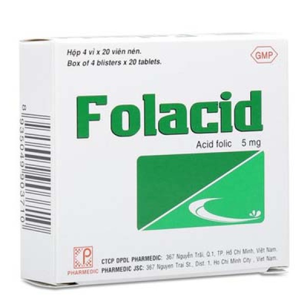 Thuốc điều trị bệnh thiếu hụt hợp chất acid folic và thiếu máu Folacid 5mg (4 vỉ x 20 viên/hộp)
