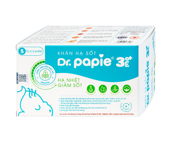Khăn hạ sốt hỗ trợ hạ nhiệt, giảm sốt an toàn cho bé Dr.Papie 3mo+ (5 túi x 5 khăn/hộp)