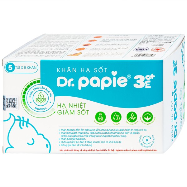Khăn hạ sốt hỗ trợ hạ nhiệt, giảm sốt an toàn cho bé Dr.Papie 3mo+ (5 túi x 5 khăn/hộp)