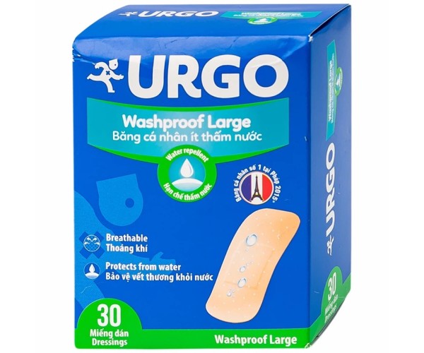 Băng cá nhân ít thấm nước Urgo Washproof Large (30 miếng/hộp)