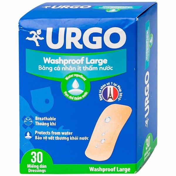 Băng cá nhân ít thấm nước Urgo Washproof Large (30 miếng/hộp)
