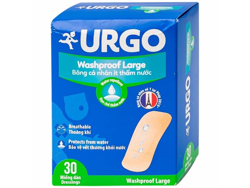 Băng cá nhân ít thấm nước Urgo Washproof Large (30 miếng/hộp)