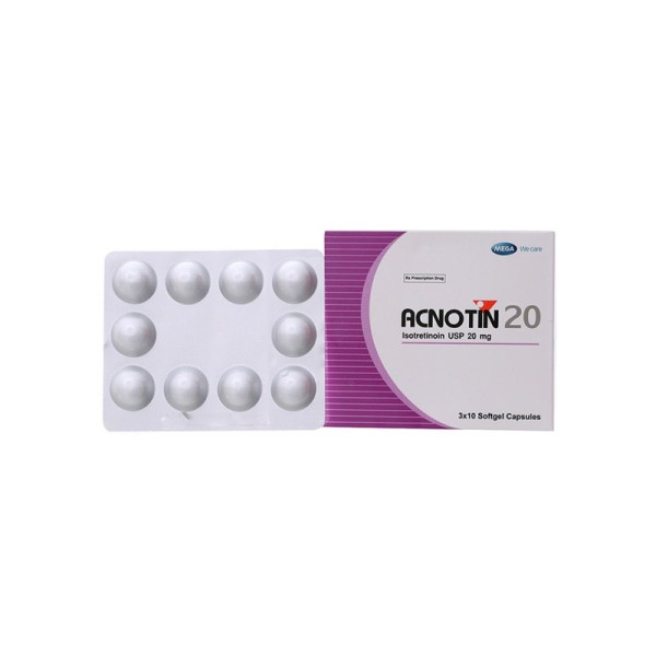 Thuốc trị mụn trứng cá nặng Acnotin 20mg (3 vỉ x 10 viên/hộp)