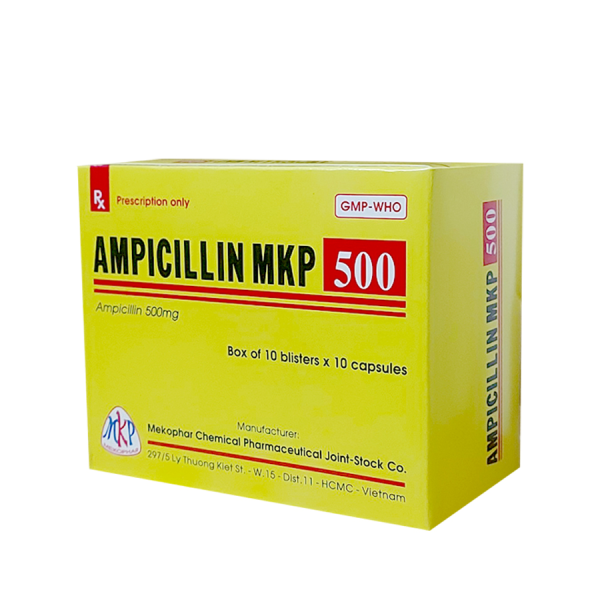 Thuốc kháng sinh Ampicillin 500mg MKP (10 vỉ x 10 viên/hộp)