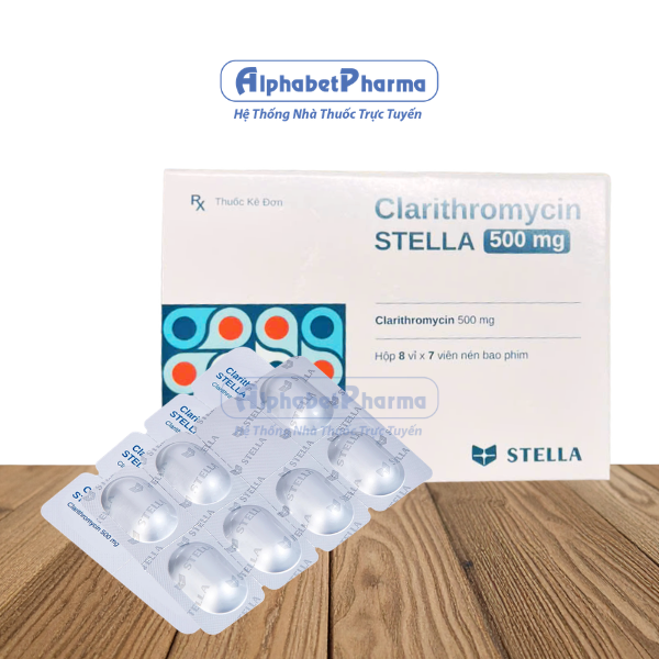Thuốc kháng sinh Clarithromycin Stella 500mg (8 vỉ x 7 viên/hộp)