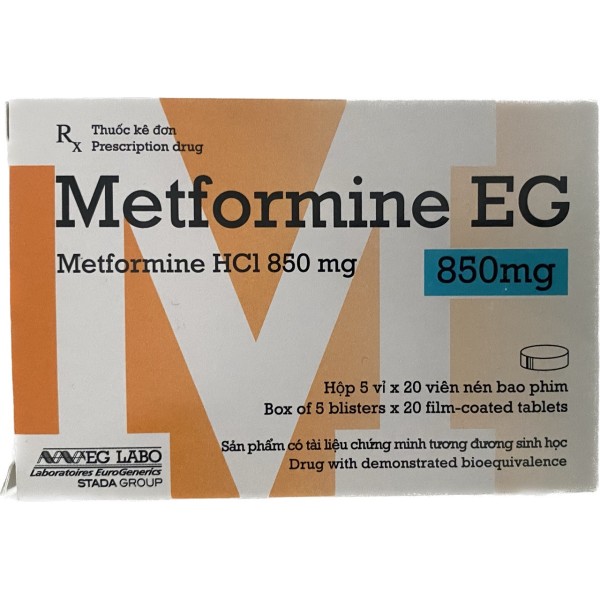 Thuốc trị bệnh tiểu đường Metformin EG 850mg (5 vỉ x 20 viên/hộp)