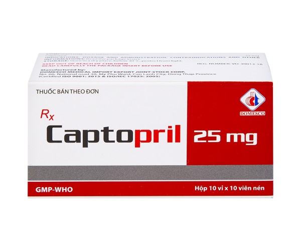 Thuốc điều trị cao huyết áp Captopril 25mg DMC (10 vỉ x 10 viên/hộp)