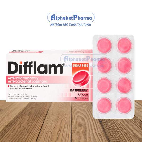 Viên ngậm hỗ trợ điều trị đau họng Difflam vị quả mâm xôi (8 viên/hộp)