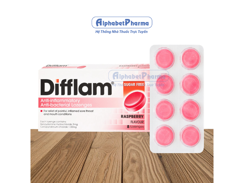 Viên ngậm hỗ trợ điều trị đau họng Difflam vị quả mâm xôi (8 viên/hộp)