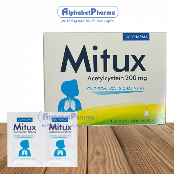 Thuốc cốm điều trị các rối loạn tiết dịch đường hô hấp Mitux 200mg (24 gói/hộp)