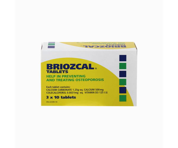 Thuốc phòng và trị loãng xương, bổ sung canxi Briozcal (3 vỉ x 10 viên/hộp)