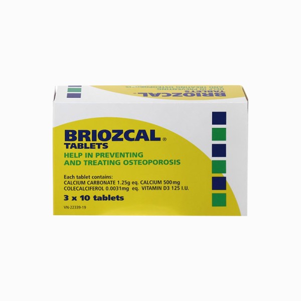 Thuốc phòng và trị loãng xương, bổ sung canxi Briozcal (3 vỉ x 10 viên/hộp)