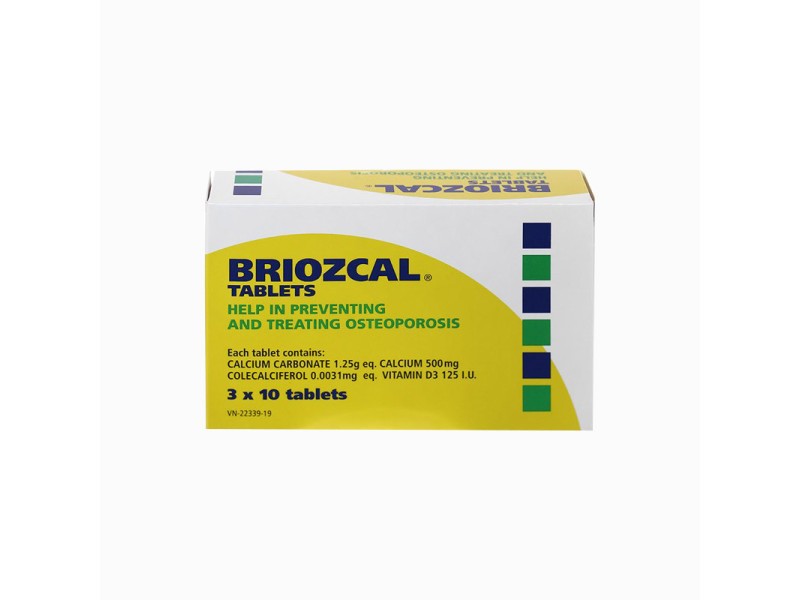 Thuốc phòng và trị loãng xương, bổ sung canxi Briozcal (3 vỉ x 10 viên/hộp)