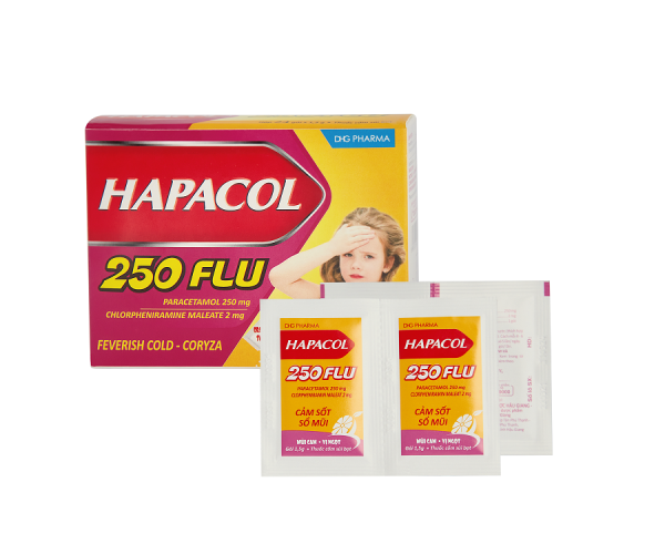 Thuốc giảm đau, hạ sốt và điều trị sổ mũi cho trẻ em Hapacol 250 Flu (24 gói/hộp)