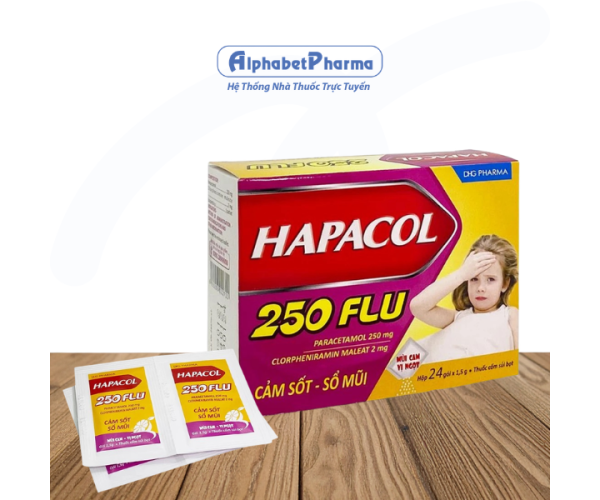 Thuốc giảm đau, hạ sốt và điều trị sổ mũi cho trẻ em Hapacol 250 Flu (24 gói/hộp)