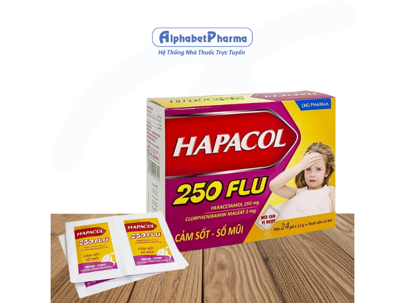Thuốc giảm đau, hạ sốt và điều trị sổ mũi cho trẻ em Hapacol 250 Flu (24 gói/hộp)