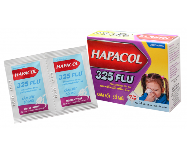 Thuốc giảm đau, hạ sốt và điều trị sổ mũi cho trẻ em Hapacol 325 Flu (24 gói/hộp)