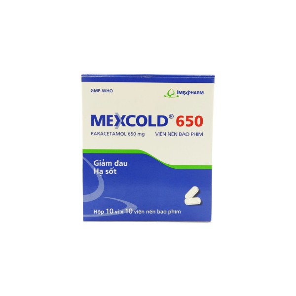 Thuốc giảm đau, hạ sốt Mexcold 650mg (10 vỉ x 10 viên/hộp)