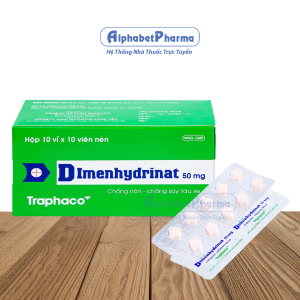 Thuốc chống nôn, say tàu xe Dimenhydrinat 50mg Trapharco (10 vỉ x 10 viên/hộp)