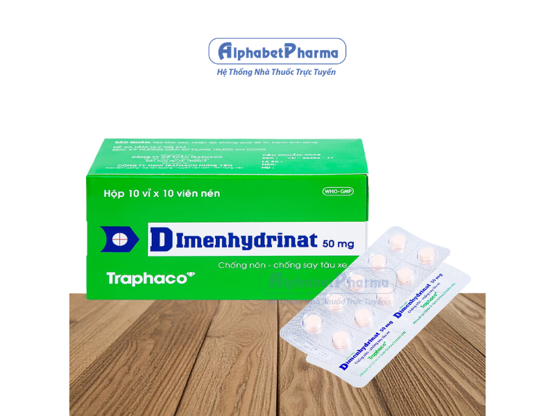 Thuốc chống nôn, say tàu xe Dimenhydrinat 50mg Trapharco (10 vỉ x 10 viên/hộp)