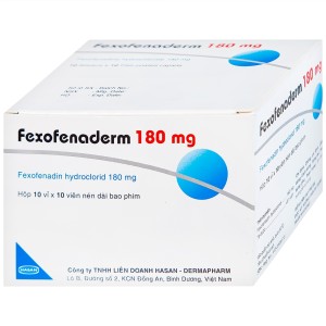 Thuốc điều trị bệnh viêm mũi dị ứng & nổi mề đay vô căn mãn tính Fexofenaderm 180mg (10 vỉ x 10 viên/hộp)