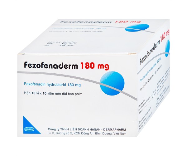 Thuốc điều trị bệnh viêm mũi dị ứng & nổi mề đay vô căn mãn tính Fexofenaderm 180mg (10 vỉ x 10 viên/hộp)