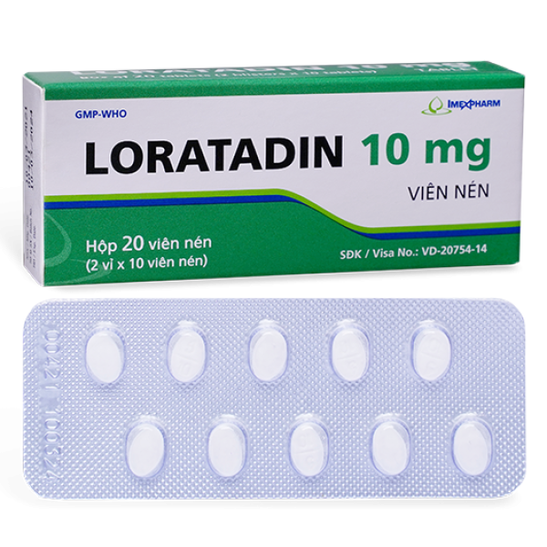  Thuốc chống dị ứng Loratadin 10mg Imexpharm (2 vỉ x 10 viên/hộp)