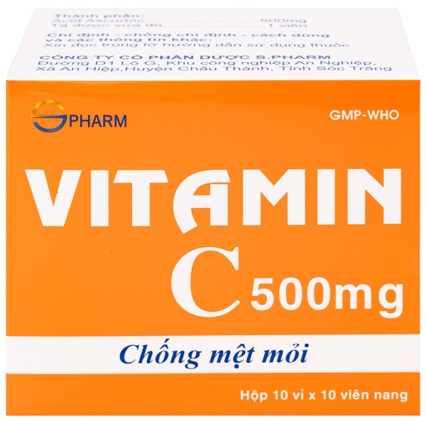 Thuốc bổ sung Vitamin C 500mg S.Pharm (10 vỉ x 10 viên/hộp)